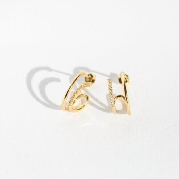 DOUBLE Huggie Earrings Gold CZ Hoop Earrings Non Tarnish Hypoallergenic Jewelry - Picture 5 of 13